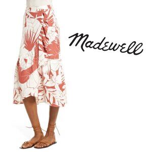 Madewell 00 Linen Ruffle Wrap Midi Skirt Tropical Vacation Floral Red White